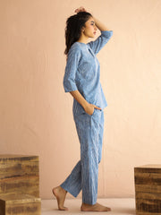 Blue Round Neck Pure Cotton Printed Striped Night Suit For Women