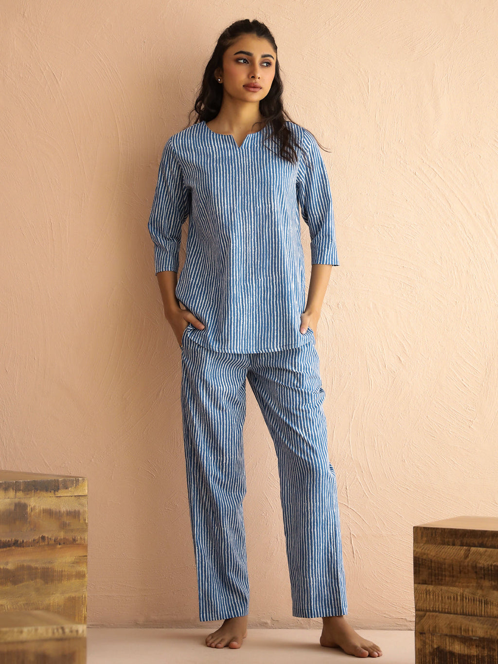 Blue Round Neck Pure Cotton Printed Striped Night Suit For Women