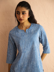 Blue Round Neck Pure Cotton Printed Striped Night Suit For Women