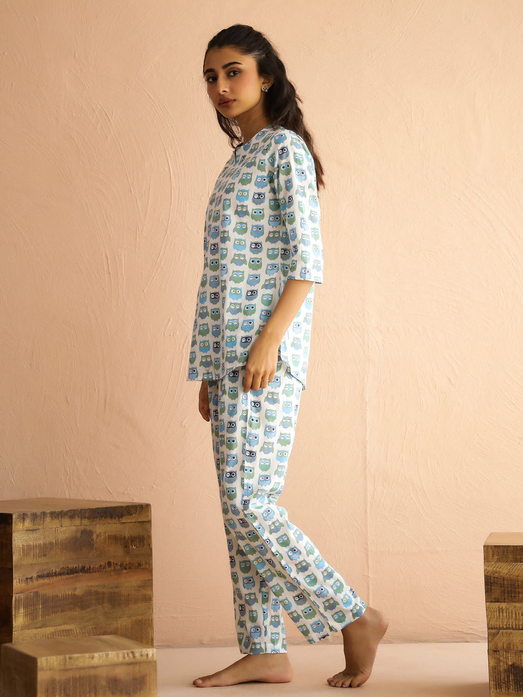 White Round Neck Pure Cotton Printed Animal Night Suit For Women