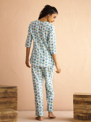 White Round Neck Pure Cotton Printed Animal Night Suit For Women
