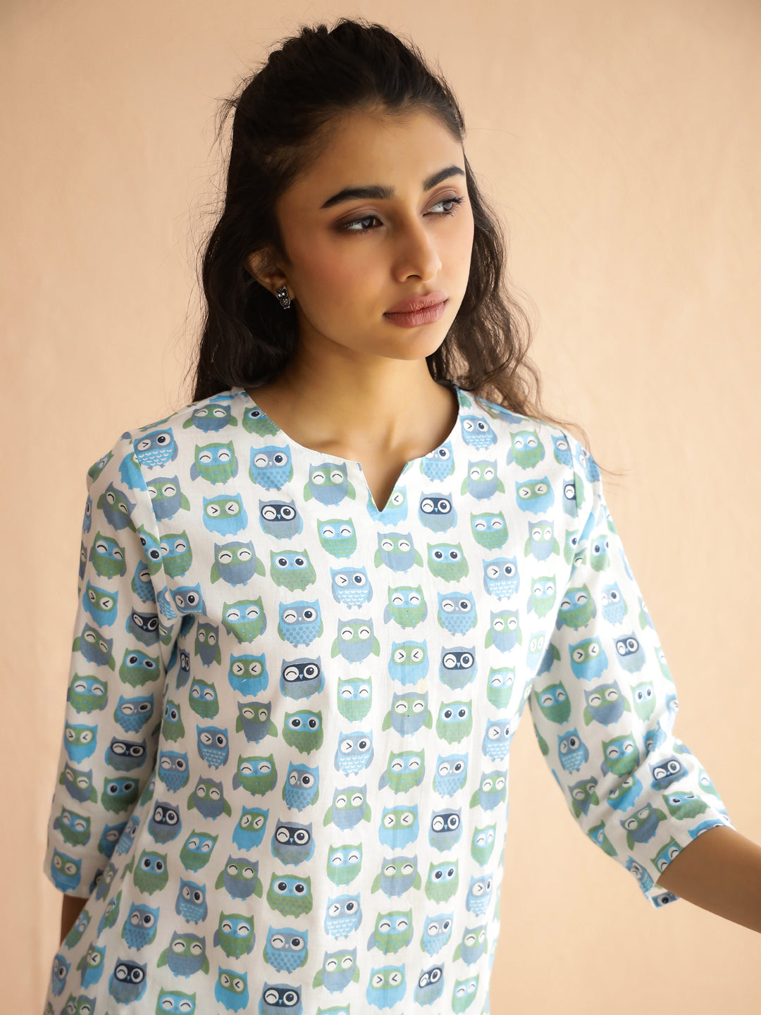 White Round Neck Pure Cotton Printed Animal Night Suit For Women