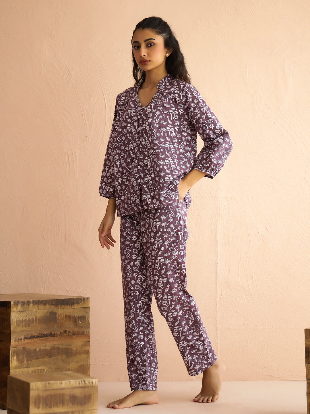 Mauve V-Neck Pure Cotton Printed Floral Night Suit For Women