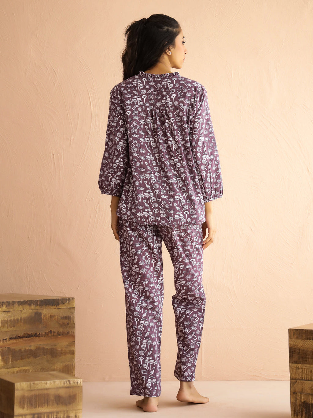 Mauve V-Neck Pure Cotton Printed Floral Night Suit For Women