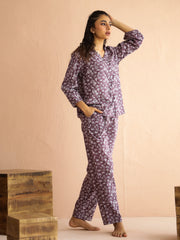 Mauve V-Neck Pure Cotton Printed Floral Night Suit For Women