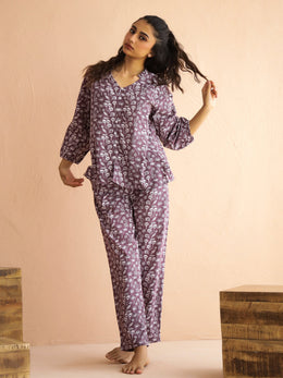 Mauve V-Neck Pure Cotton Printed Floral Night Suit For Women
