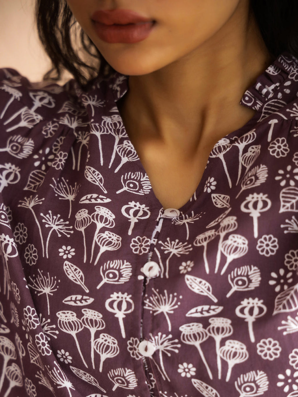 Mauve V-Neck Pure Cotton Printed Floral Night Suit For Women