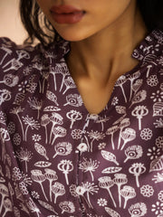 Mauve V-Neck Pure Cotton Printed Floral Night Suit For Women