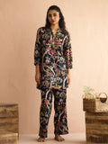Olive Mandarin Collar Pure Cotton Printed Floral Night Suit For Women