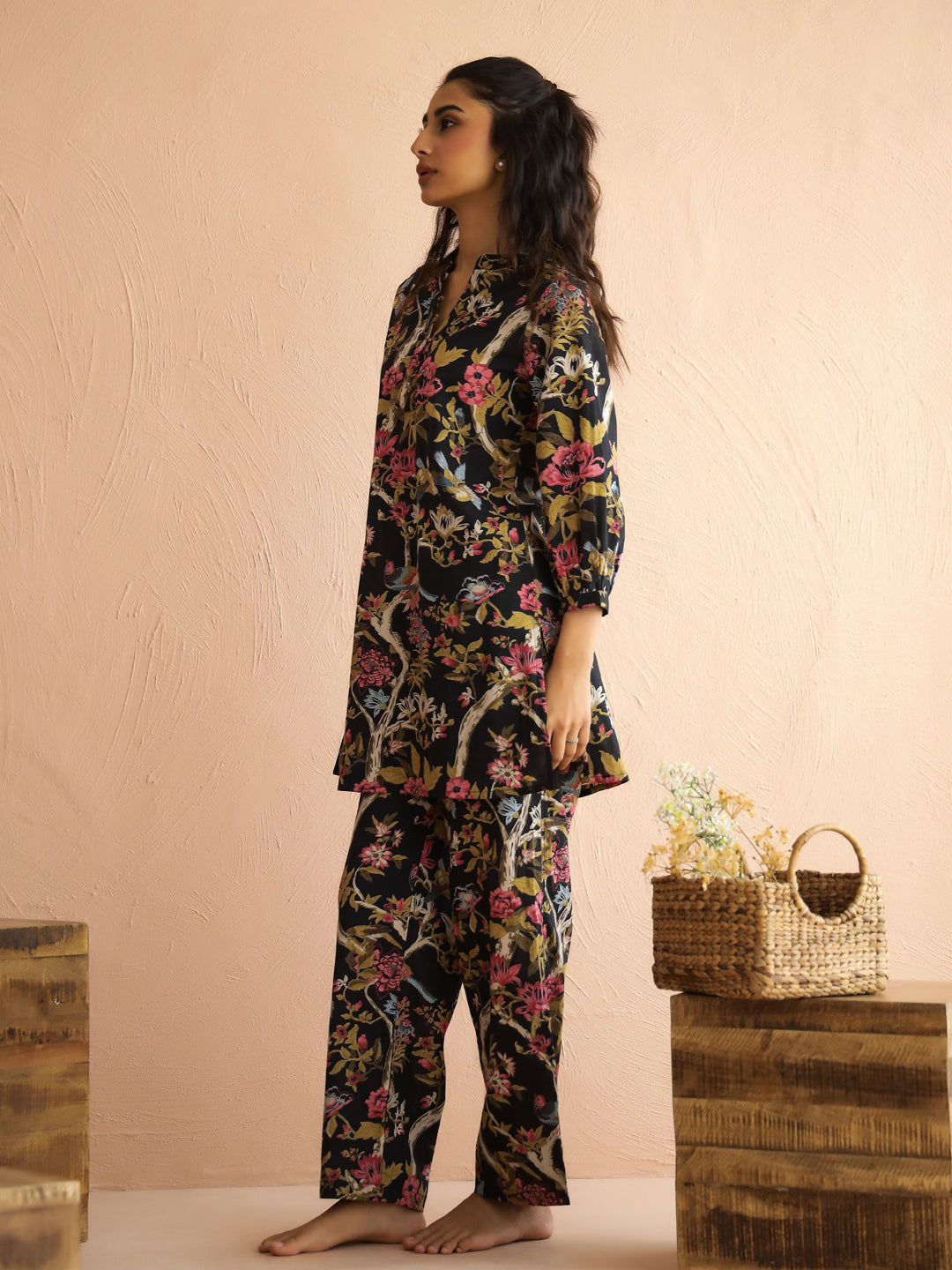 Olive Mandarin Collar Pure Cotton Printed Floral Night Suit For Women