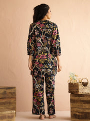 Olive Mandarin Collar Pure Cotton Printed Floral Night Suit For Women