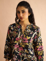 Olive Mandarin Collar Pure Cotton Printed Floral Night Suit For Women
