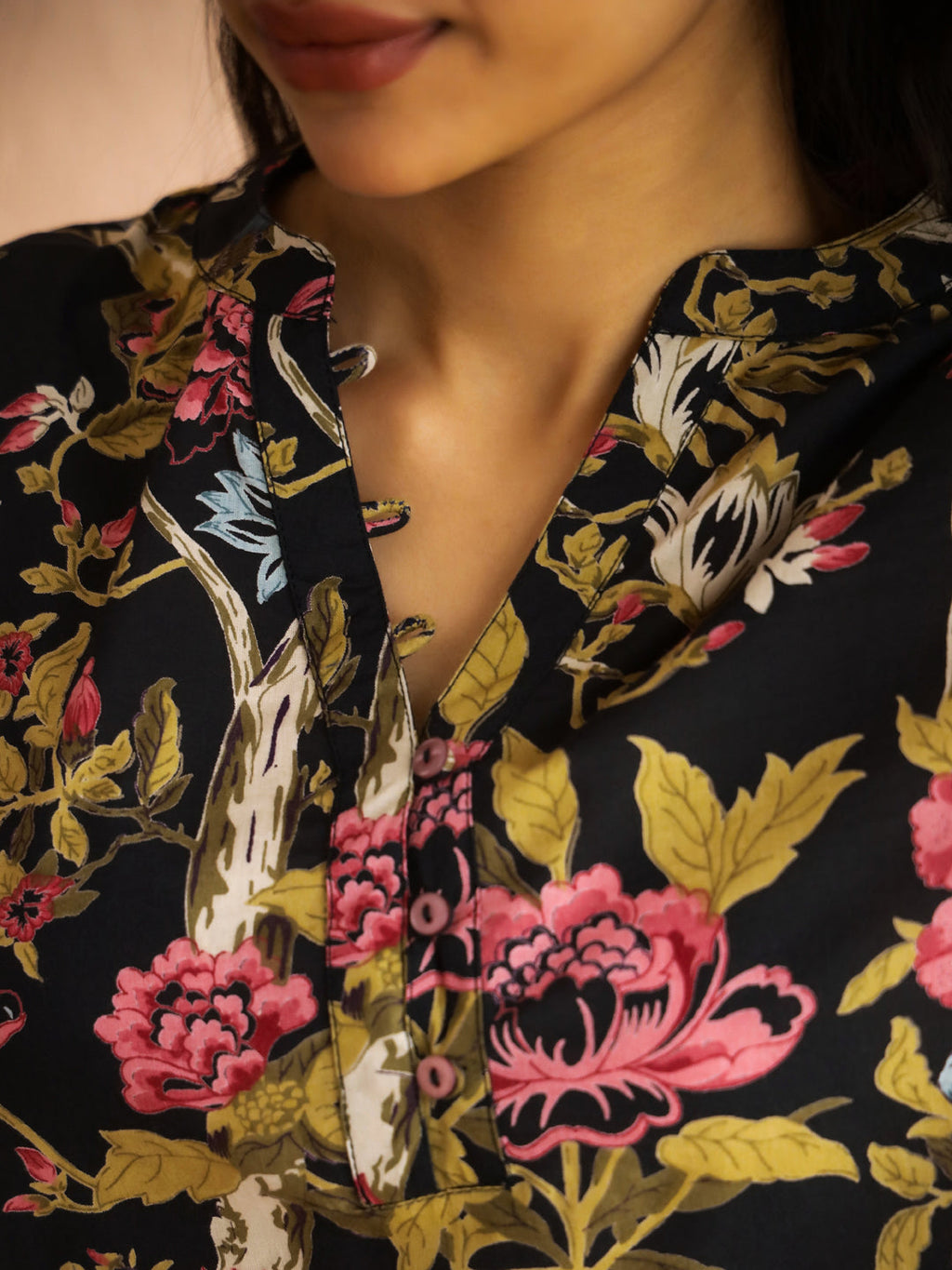 Olive Mandarin Collar Pure Cotton Printed Floral Night Suit For Women