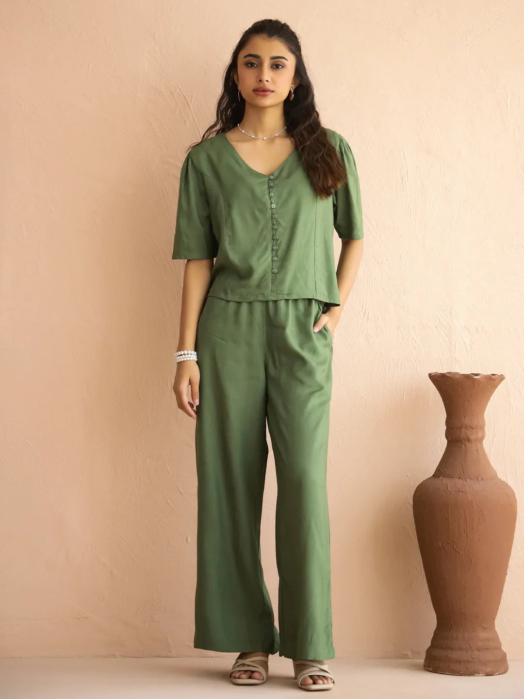 Green V-Neck Viscose Rayon Top Checked Co-ords Set for Women - SanskrutiHomes 