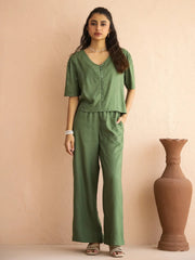 Green V-Neck Viscose Rayon Top Checked Co-ords Set for Women - SanskrutiHomes 