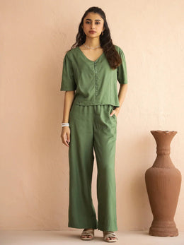 Green V-Neck Viscose Rayon Top Checked Co-ords Set for Women - SanskrutiHomes 