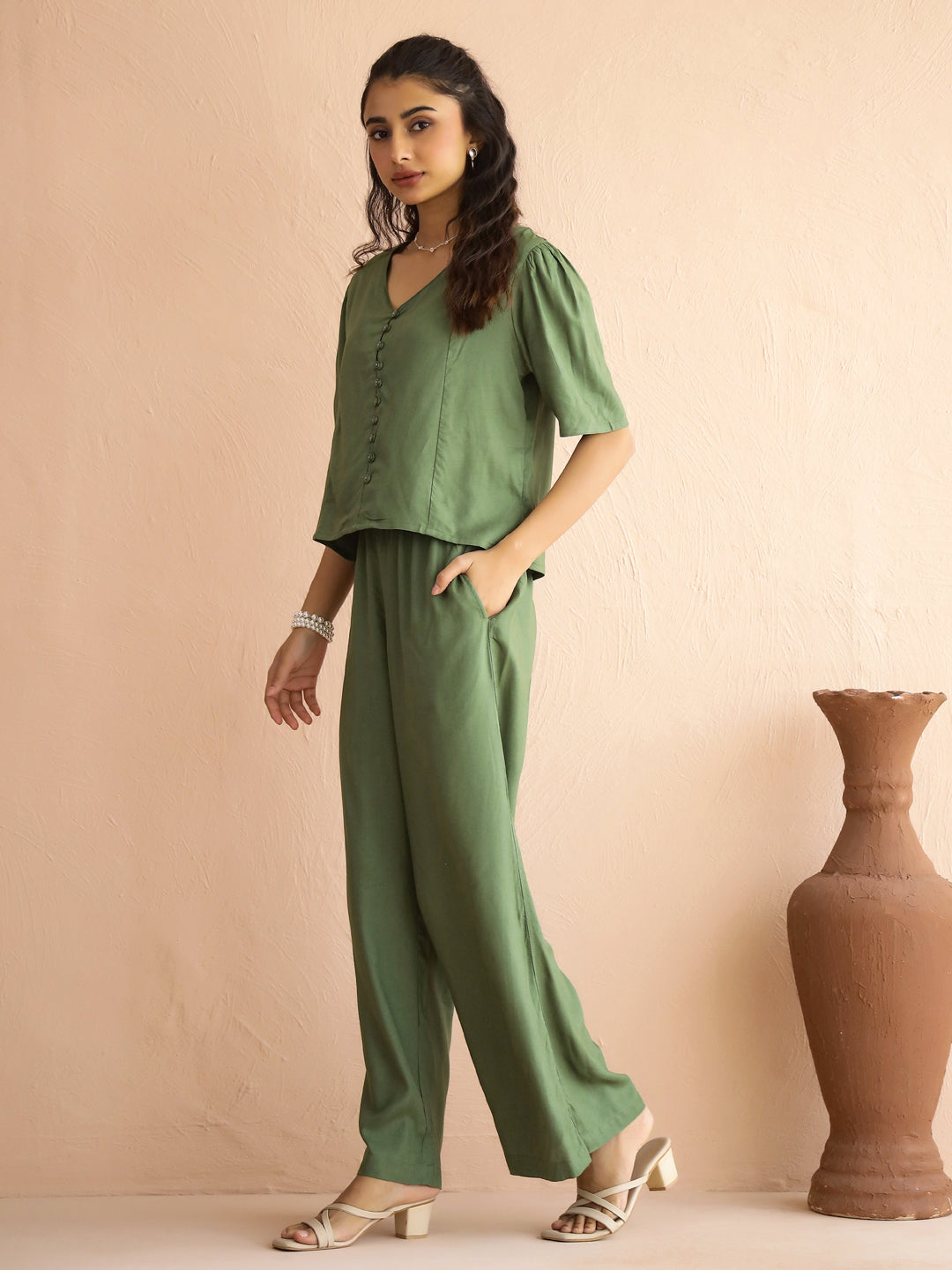 Green V-Neck Viscose Rayon Top Checked Co-ords Set for Women - SanskrutiHomes 