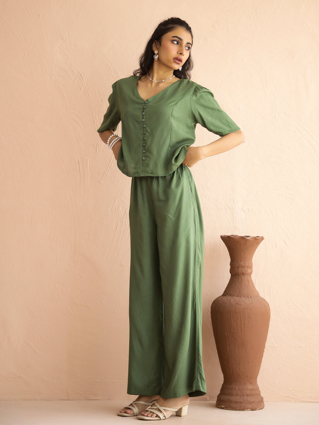 Green V-Neck Viscose Rayon Top Checked Co-ords Set for Women - SanskrutiHomes 