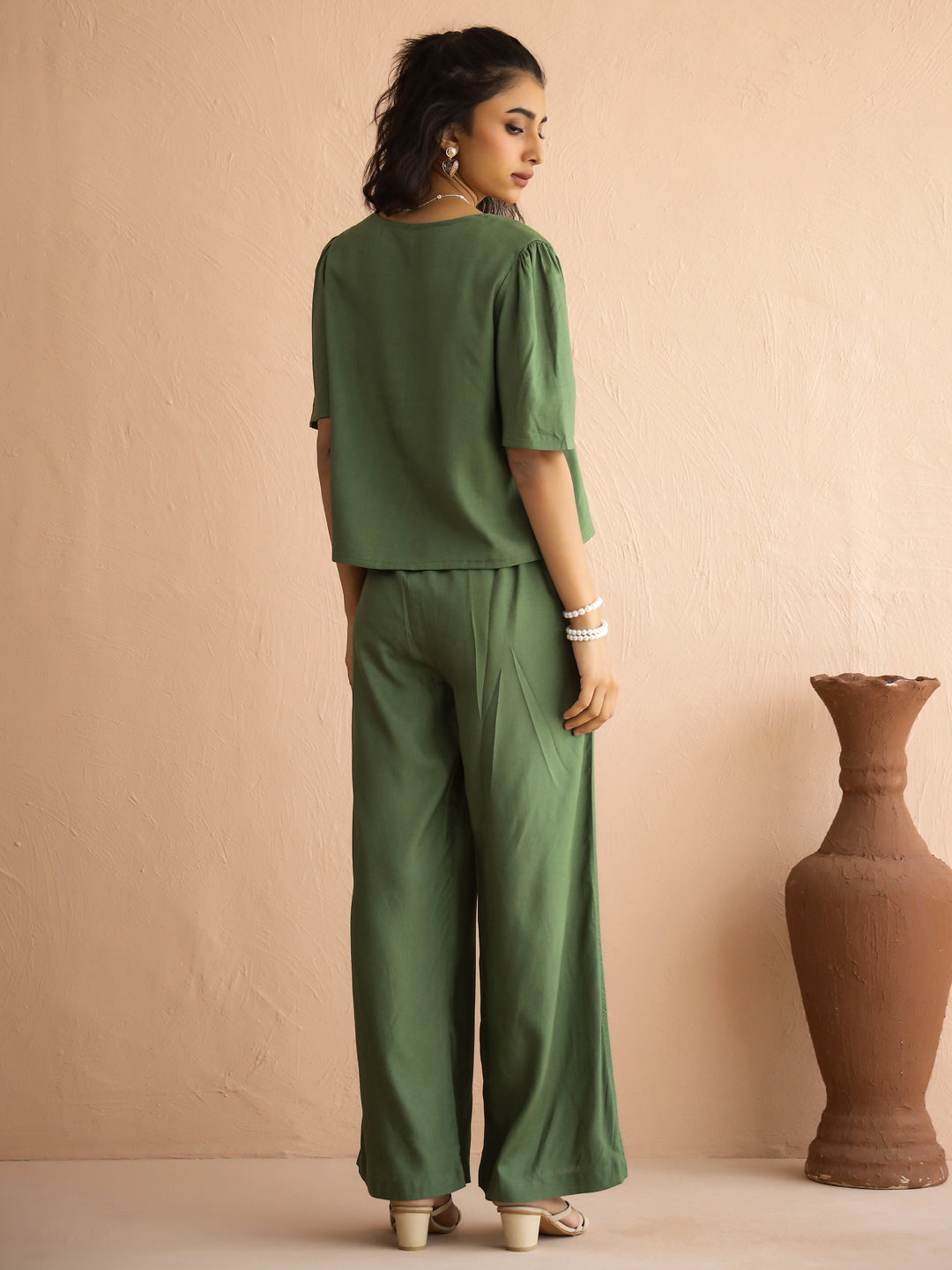 Green V-Neck Viscose Rayon Top Checked Co-ords Set for Women - SanskrutiHomes 