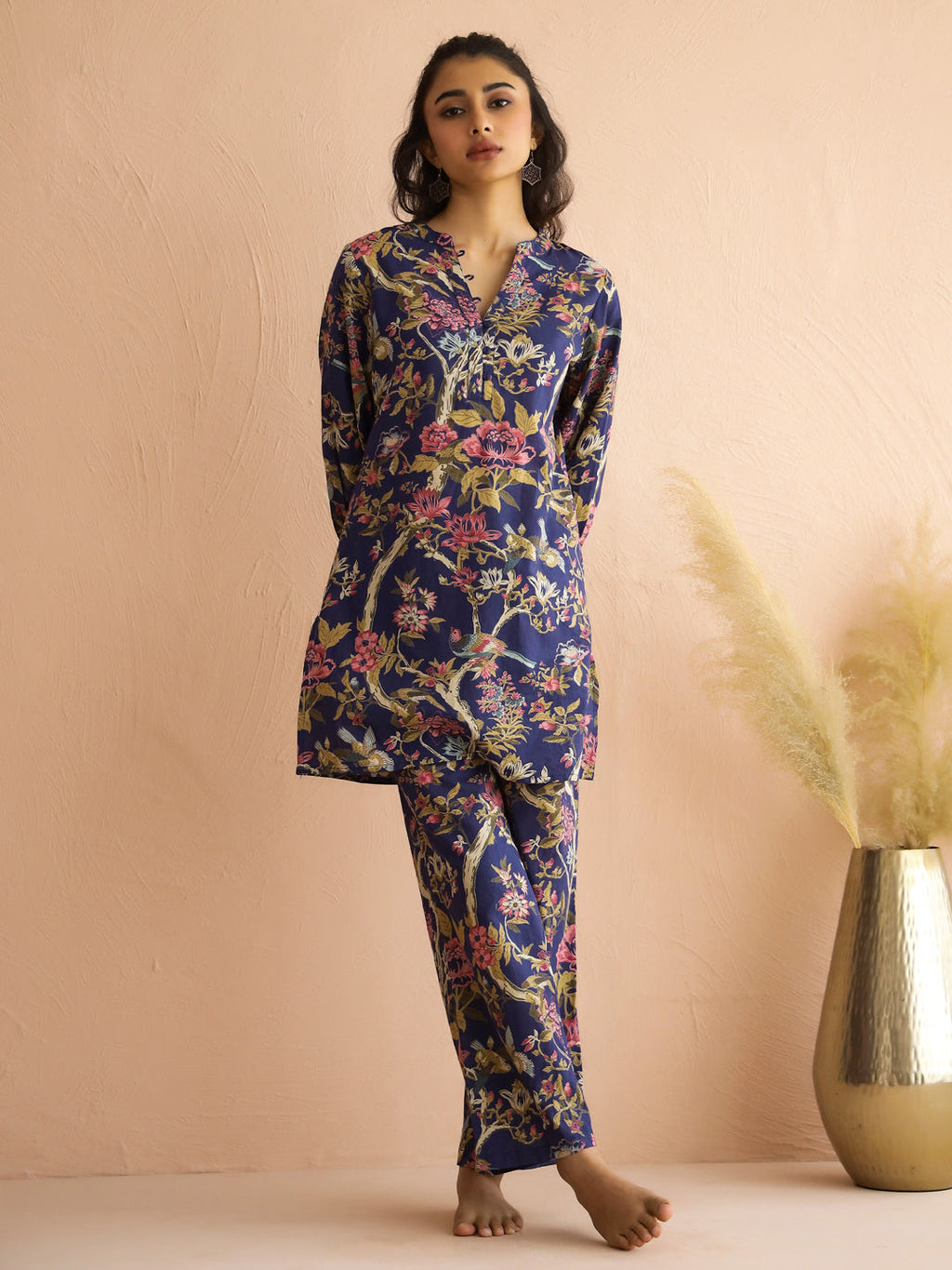 Navy Blue Mandarin Collar Pure Cotton Printed Floral Night Suit For Women