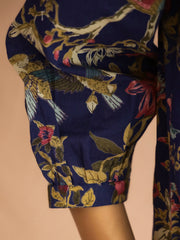 Navy Blue Mandarin Collar Pure Cotton Printed Floral Night Suit For Women