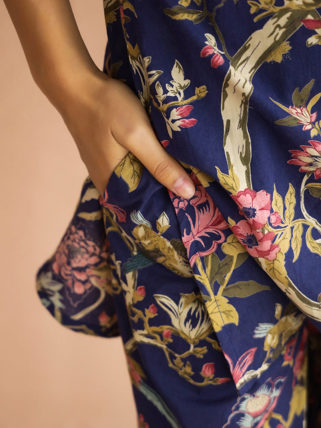 Navy Blue Mandarin Collar Pure Cotton Printed Floral Night Suit For Women