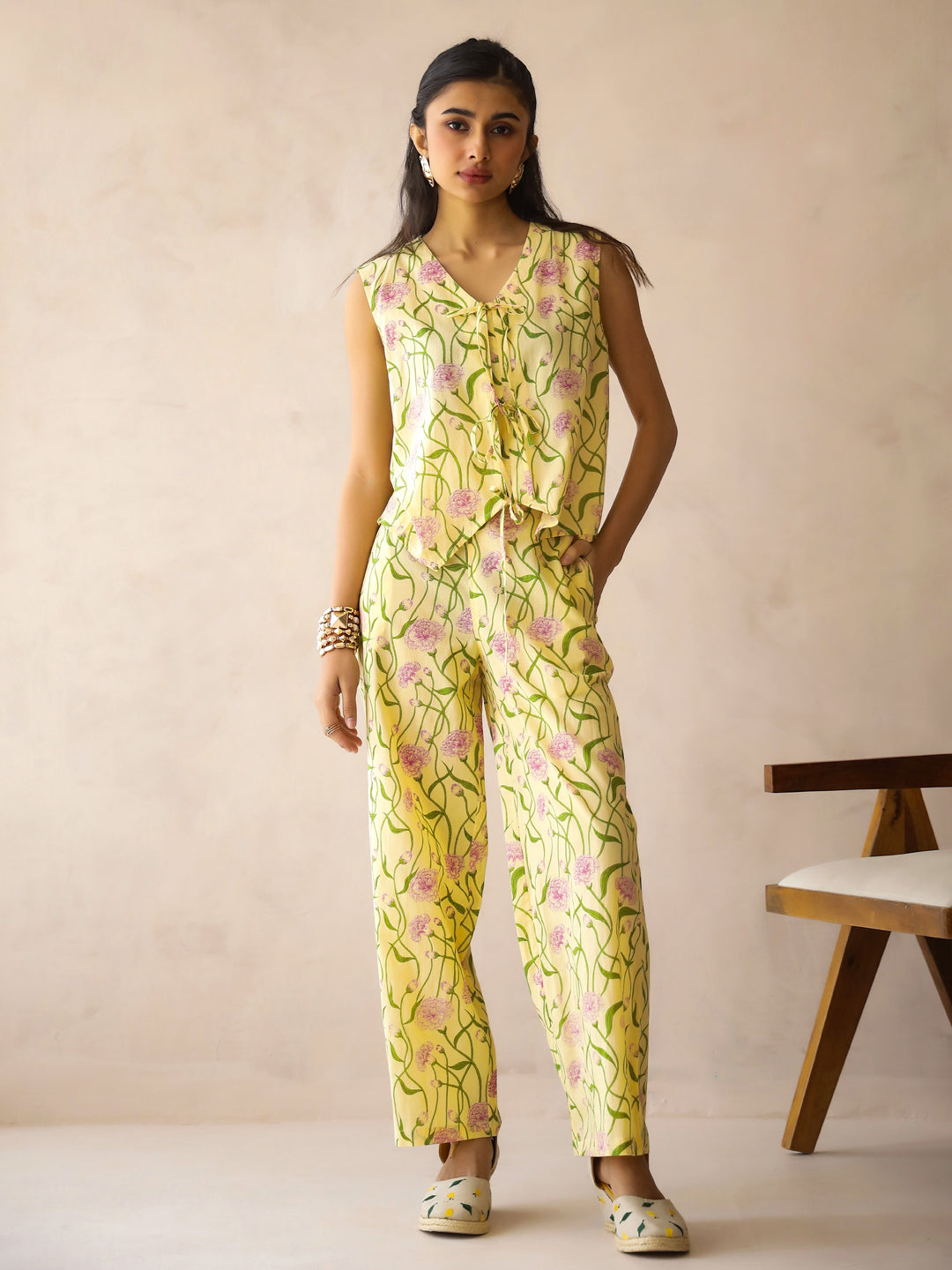 Yellow V-Neck Pure Cotton Printed Floral Night Suit For Women