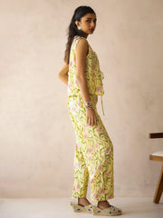Yellow V-Neck Pure Cotton Printed Floral Night Suit For Women