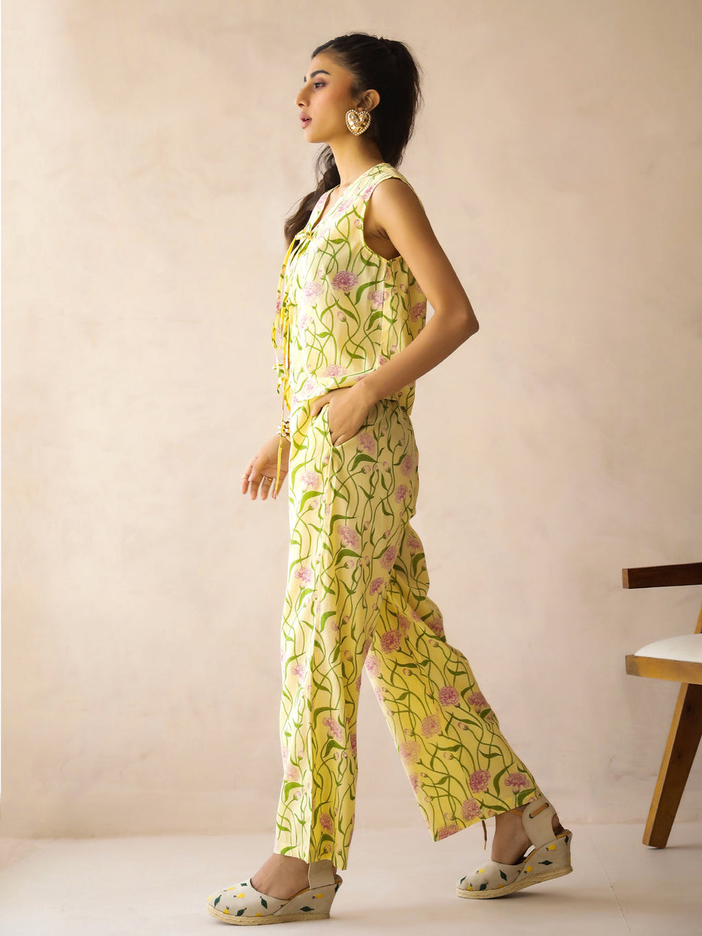 Yellow V-Neck Pure Cotton Printed Floral Night Suit For Women