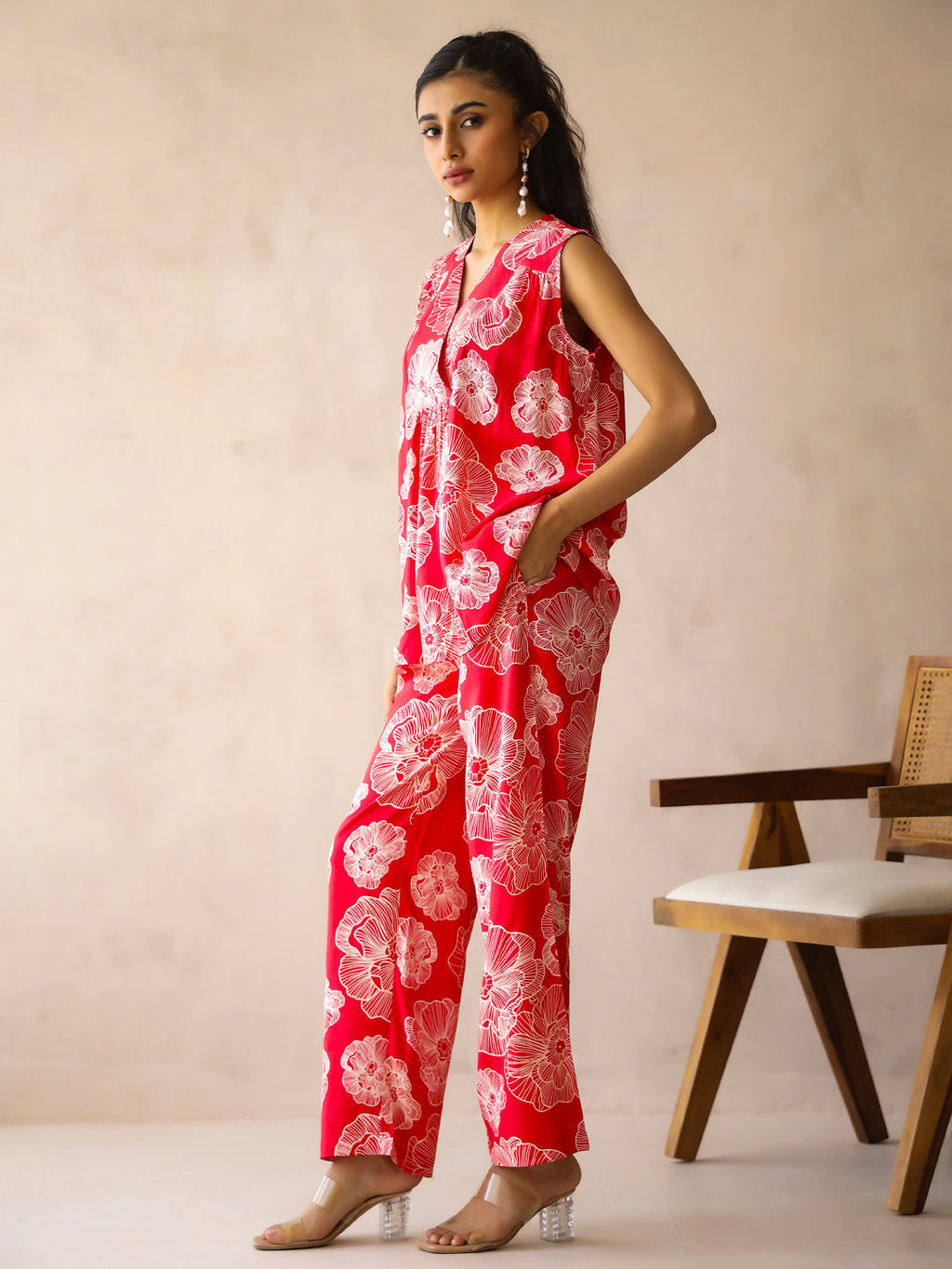 Red V-Neck Viscose Rayon Printed Floral Night Suit For Women