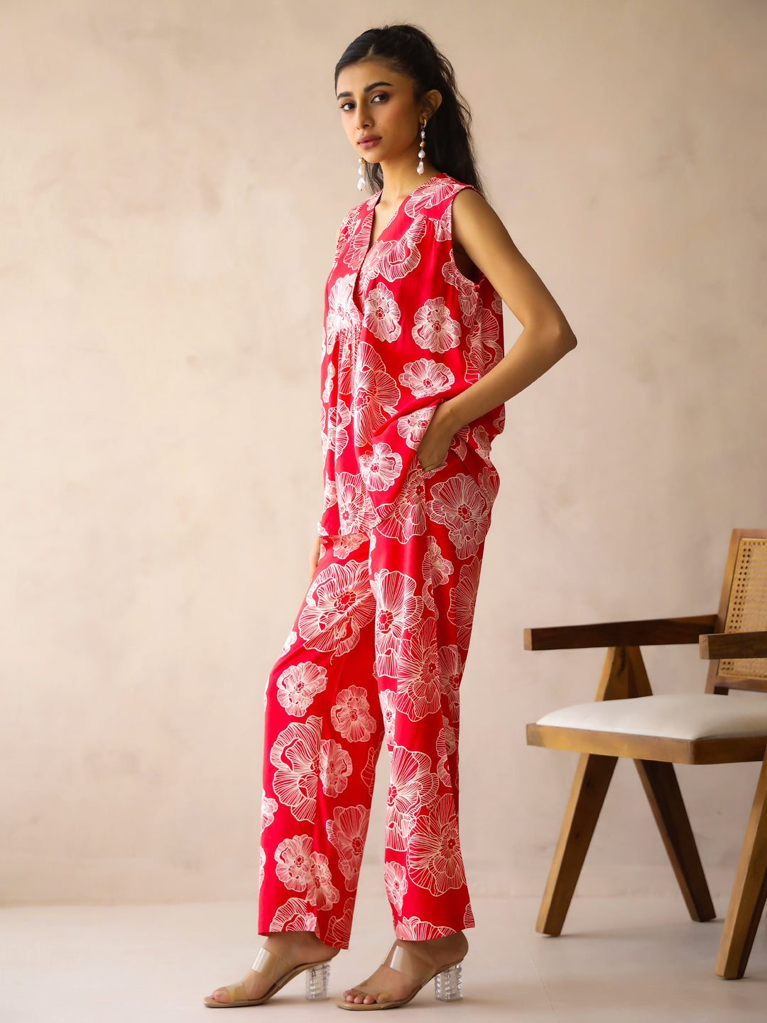 Red V-Neck Viscose Rayon Printed Floral Night Suit For Women