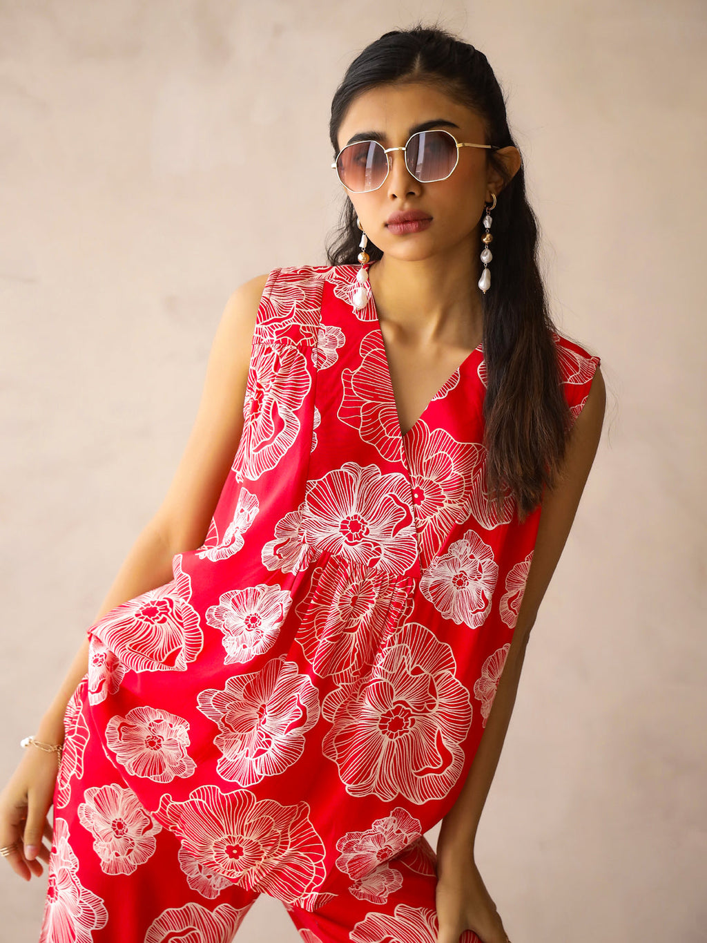 Red V-Neck Viscose Rayon Printed Floral Night Suit For Women