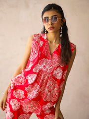 Red V-Neck Viscose Rayon Printed Floral Night Suit For Women