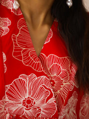 Red V-Neck Viscose Rayon Printed Floral Night Suit For Women