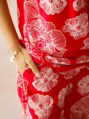 Red V-Neck Viscose Rayon Printed Floral Night Suit For Women