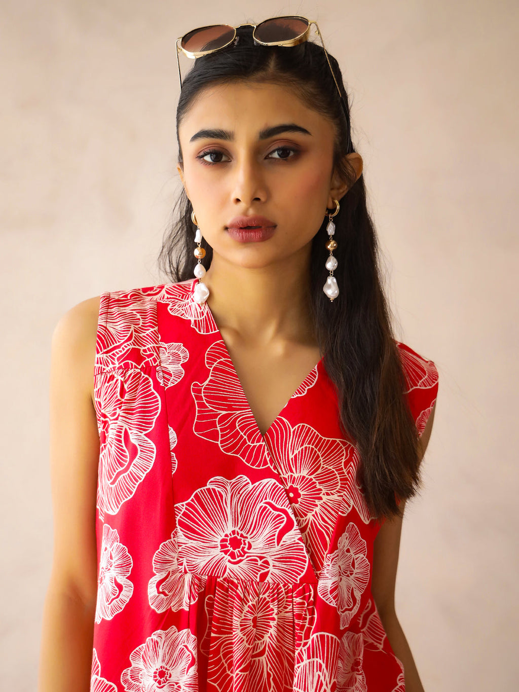 Red V-Neck Viscose Rayon Printed Floral Night Suit For Women