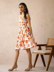 White Viscose Rayon Printed Square Neck Dress for Women - SanskrutiHomes 