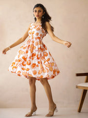 White Viscose Rayon Printed Square Neck Dress for Women - SanskrutiHomes 