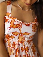 White Viscose Rayon Printed Square Neck Dress for Women - SanskrutiHomes 