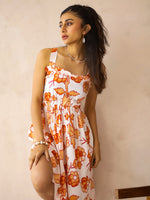 White Viscose Rayon Printed Square Neck Dress for Women - SanskrutiHomes 
