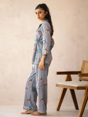 Blue Lapel Collar Pure Cotton Striped Striped Night Suit For Women
