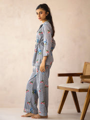 Blue Lapel Collar Pure Cotton Striped Striped Night Suit For Women