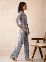 Blue Lapel Collar Pure Cotton Striped Striped Night Suit For Women