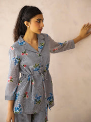 Blue Lapel Collar Pure Cotton Striped Striped Night Suit For Women