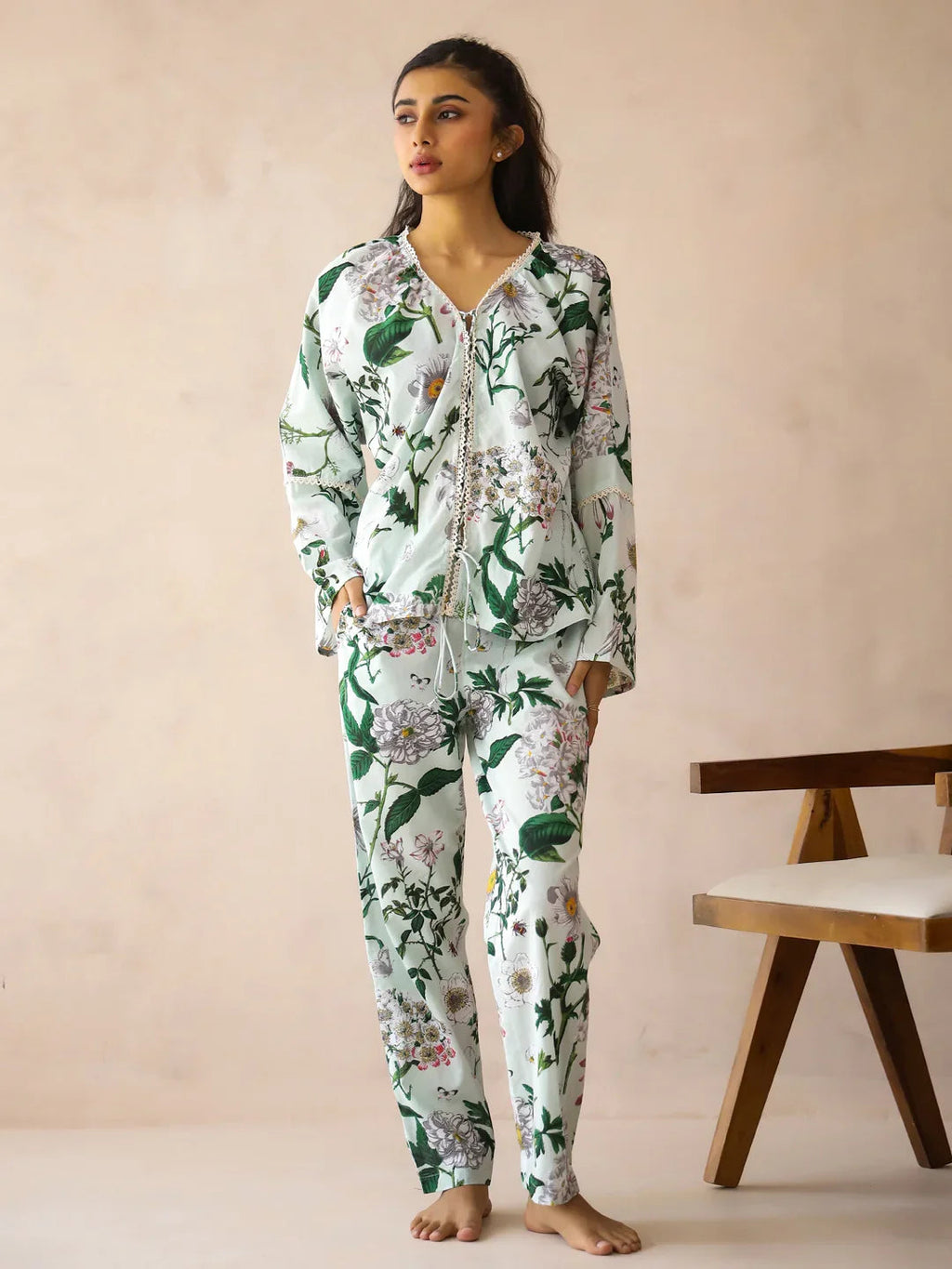 Blue V-Neck Pure Cotton Top Printed Co-ords Set for Women - SanskrutiHomes 