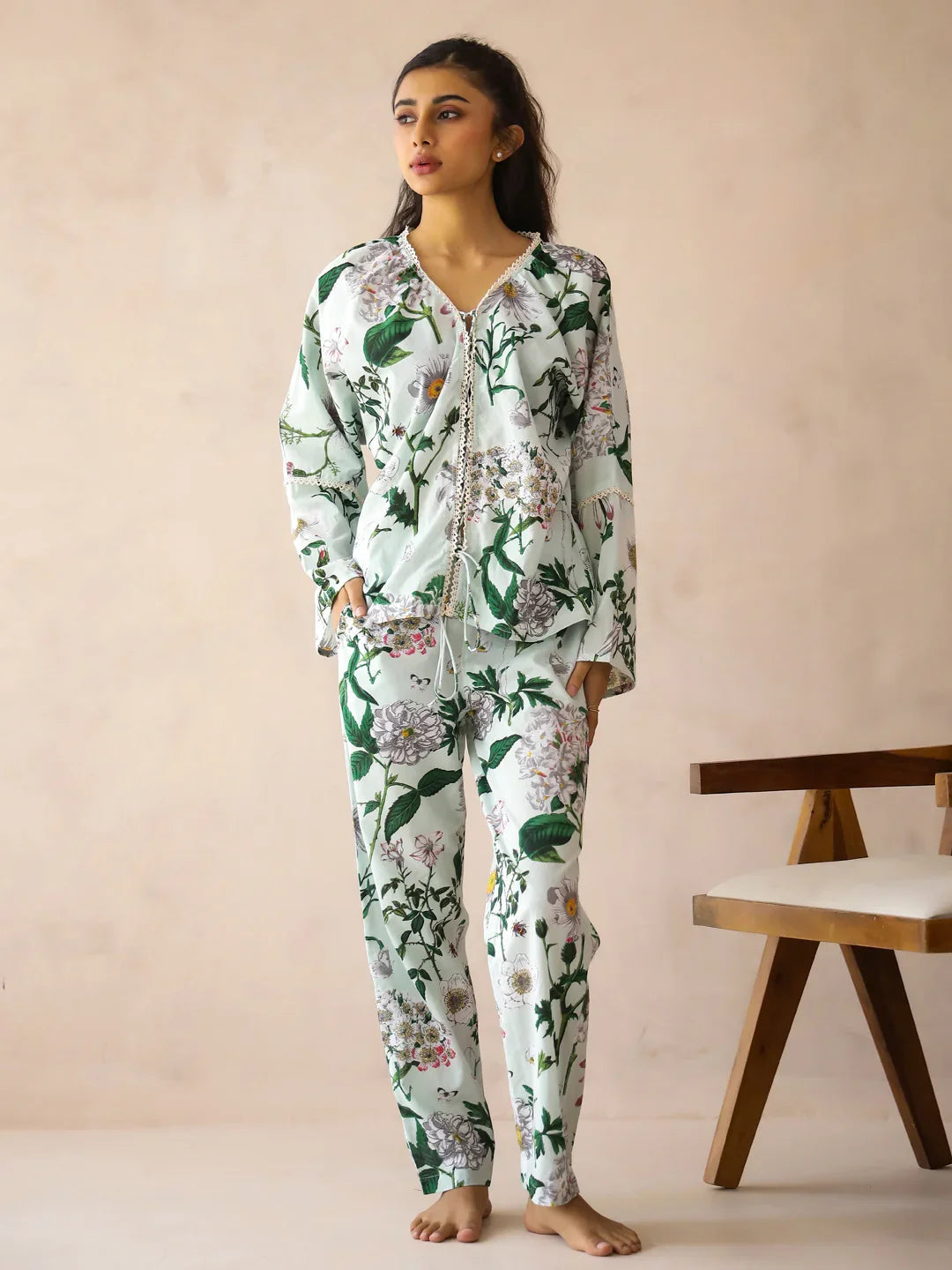 Blue V-Neck Pure Cotton Top Printed Co-ords Set for Women - SanskrutiHomes 