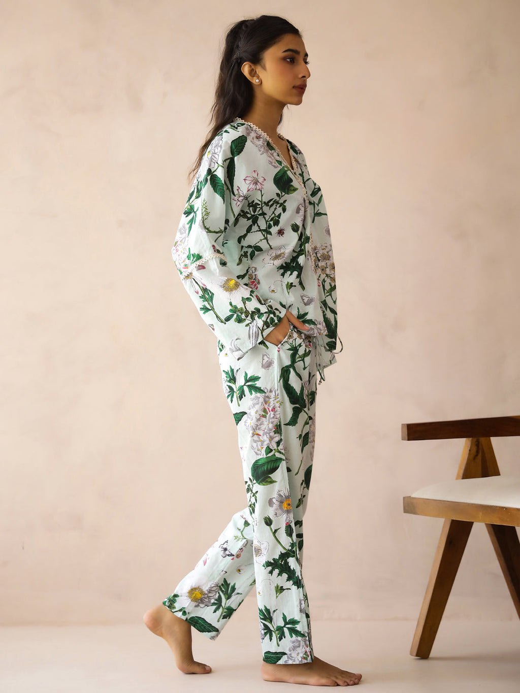 Blue V-Neck Pure Cotton Top Printed Co-ords Set for Women - SanskrutiHomes 