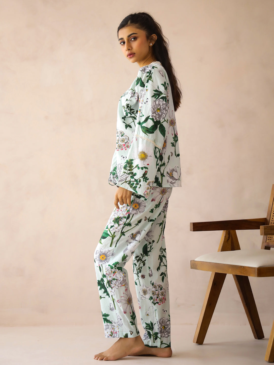 Blue V-Neck Pure Cotton Top Printed Co-ords Set for Women - SanskrutiHomes 