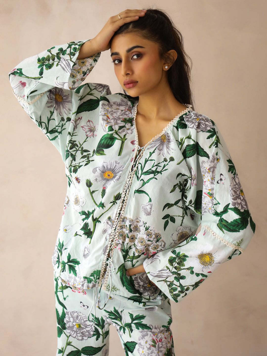 Blue V-Neck Pure Cotton Top Printed Co-ords Set for Women - SanskrutiHomes 