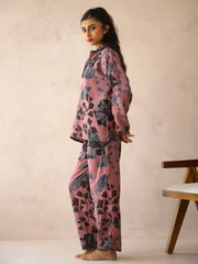 Mauve Shirt Collar Pure Cotton Printed Floral Night Suit For Women